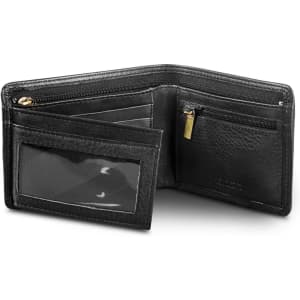 A black leather wallet featuring multiple compartments, card slots, and a zippered pocket, with a logo.