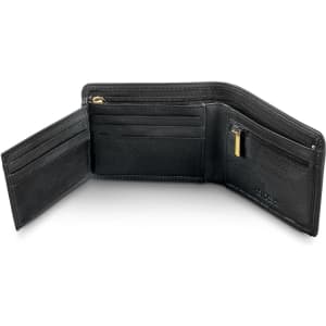 A black Pierre Cardin leather wallet with multiple card slots and a zippered compartment. The interior is spacious and organised.