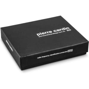 A black box with a logo, containing a Pierre Cardin leather wallet, featuring RFID protection.