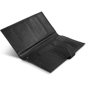 A black leather passport wallet featuring multiple card slots and a secure closure. It has a textured finish and a logo.