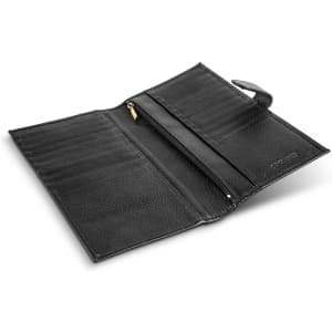 A black leather passport wallet with multiple card slots and a zippered pocket, featuring a branding logo.