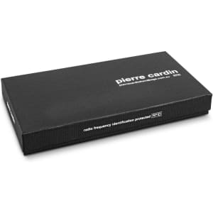 A black rectangular box with a minimalist design, featuring branding and RFID protection details.