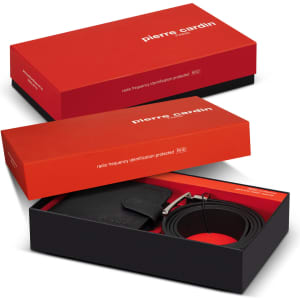 A leather wallet and belt gift set in a sleek box, featuring a logo and RFID protection. The wallet is black with a matching belt.