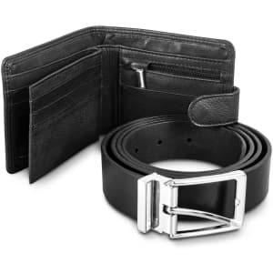 A black leather wallet with multiple card slots and a zippered pocket, paired with a black leather belt featuring a silver buckle.