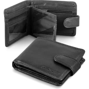 A black leather wallet featuring card slots and a coin compartment, with a logo detail.