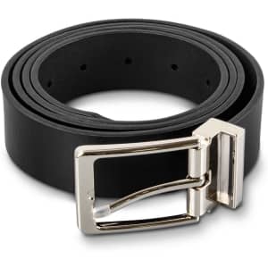 A black leather belt with a silver-toned buckle, featuring multiple holes for size adjustment.