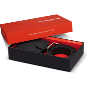 A black leather wallet and belt gift set in a stylish box, featuring a branded logo.