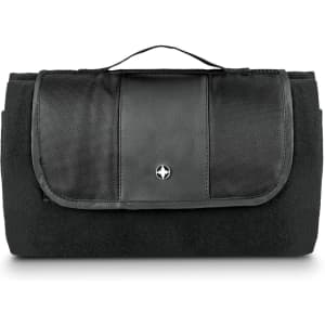 A folded black picnic blanket with a carrying handle and a textured panel on the front, featuring a logo.