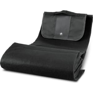 A black picnic blanket made of soft material, featuring a fold-over flap and logo.