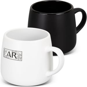 A set of two coffee mugs, one white with a logo and one solid black, featuring rounded designs.
