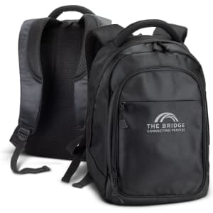 A black laptop backpack with a padded back, featuring a branded logo on the front pocket.
