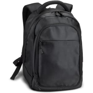 A black laptop backpack with padded shoulder straps and multiple zippered compartments, featuring a subtle logo.