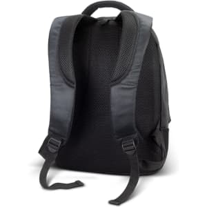 A black laptop backpack featuring padded, mesh shoulder straps and a spacious compartment design. It has a logo on the front.