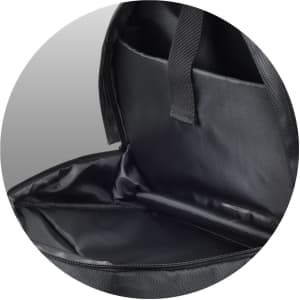 A black laptop backpack interior with a spacious compartment and zipper, featuring straps for easy carrying.