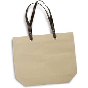 A beige tote bag with brown straps and metal accents, featuring a simple design and no visible logos.