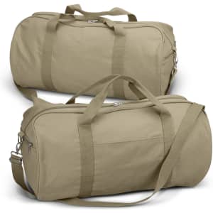 A pair of khaki canvas duffle bags with sturdy handles and adjustable straps, showcasing a simple design.