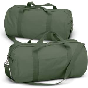 Two olive green canvas duffle bags with zipper closures and adjustable straps, featuring a logo on one bag.