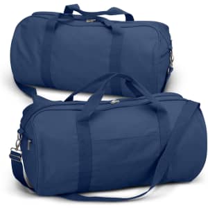 A navy canvas duffle bag with dual handles, a shoulder strap, and a zip closure, featuring an exterior pocket.
