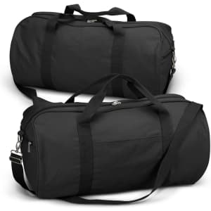 A black canvas duffle bag with dual handles and an adjustable shoulder strap, featuring a sleek design.