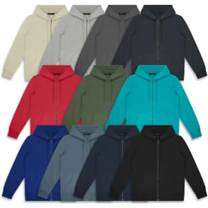 A collection of TRENDSWEAR Jasper Unisex Hoodies in various colours, laid out in a grid pattern. Each hoodie features a zipper and a hood.