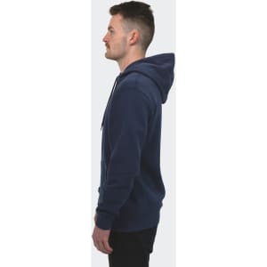 A navy unisex hoodie with a relaxed fit and a hood, featuring a logo on the front.