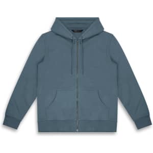 A blue unisex hoodie with a front zip and pockets, featuring a hood and ribbed cuffs. It includes a logo.