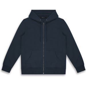 A navy unisex hoodie with a zip front, drawstring hood, and front pockets. Features a logo on the fabric.
