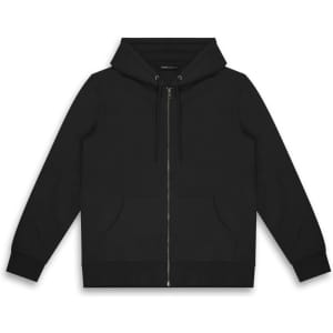 A black unisex hoodie featuring a zip front, drawstring hood, and front pockets, with a logo on the chest.
