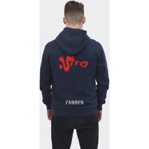 A navy unisex hoodie featuring a logo on the back and a name at the bottom. The design has a casual style.
