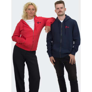 A red unisex hoodie and a navy unisex hoodie worn by two models, standing side by side, with a logo on each.