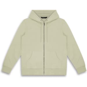 A light green unisex hoodie with a zip front, drawstring hood, and front pockets. Features a logo.