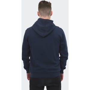 A navy unisex hoodie with a hood, featuring a branding logo at the back.