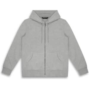 A grey unisex hoodie with a zip front, drawstring hood, and front pockets. It features a logo on the label.