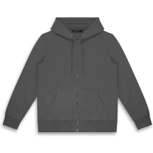 A grey unisex hoodie with a front zipper, drawstring hood, and two side pockets. It features a logo on the design.