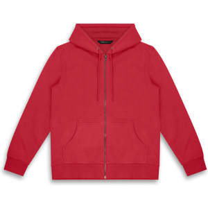 A red unisex hoodie with a front zip, two pockets, and a hood. Features a logo.