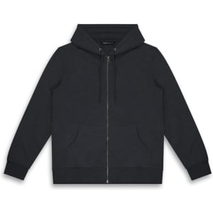 A dark navy unisex hoodie featuring a zip front, kangaroo pockets, and a hood. Includes a logo.