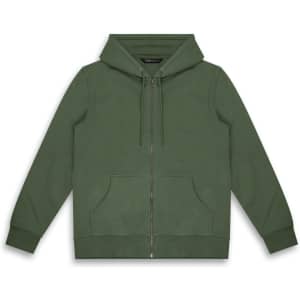 A green unisex hoodie featuring a zip front, drawstring hood, and front pockets. It also has a logo.
