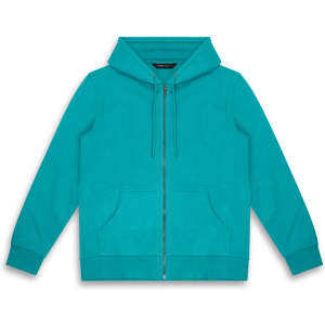 A turquoise unisex hoodie featuring a front zipper, drawstring hood, and front pockets. It includes a logo.