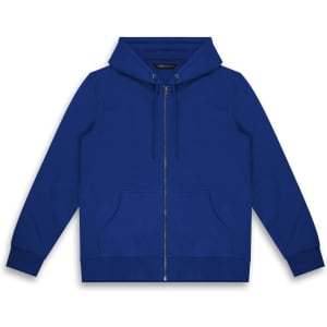 A blue unisex hoodie featuring a zip front, hood, and front pockets. It has a branding logo.