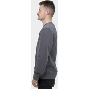 A unisex grey sweatshirt displayed from the side, featuring a simple design and crew neck. It includes a logo.