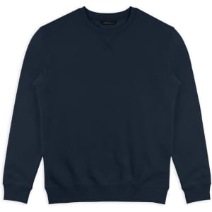 A navy blue unisex sweatshirt featuring a crew neckline and ribbed cuffs. It has a logo or branding on it.