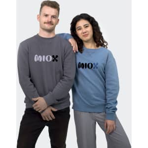 A grey unisex sweatshirt worn by a man and a blue unisex sweatshirt worn by a woman, both featuring a logo.