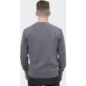 A unisex sweatshirt in grey, featuring a classic design and a branding logo on the back.