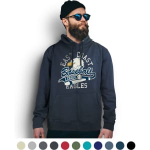 A unisex hoodie in navy blue featuring a graphic design and a logo. The model wears sunglasses and a beanie.