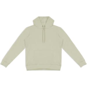 A unisex hoodie in a light beige colour featuring a front pouch pocket and a drawstring hood. It has a logo.