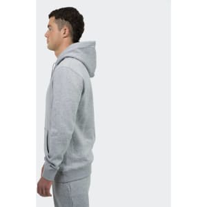 A grey unisex hoodie with a front pocket, featuring a hood, displayed from the side.