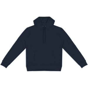A navy unisex hoodie with a front pocket and drawstring hood. It features a logo on the front.