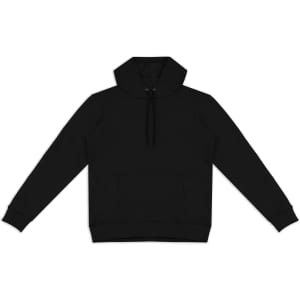 A black unisex hoodie featuring a front pocket and a drawstring hood. It has a logo on it.