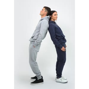 A unisex hoodie in grey and navy worn by two models, standing back to back, featuring a logo on the hood.