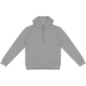 A grey unisex hoodie with a kangaroo pocket and a drawstring hood, featuring a logo on the front.